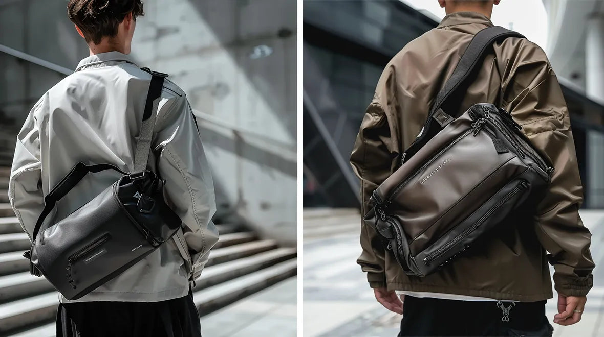 The image depicts two individuals wearing techwear-inspired messenger bags. The left person is dressed in a dark jacket, and the minimalist design of the messenger bag enhances the techwear vibe. The right model, sporting a brown jacket, wears a more rugged messenger bag that matches the streetwear look.