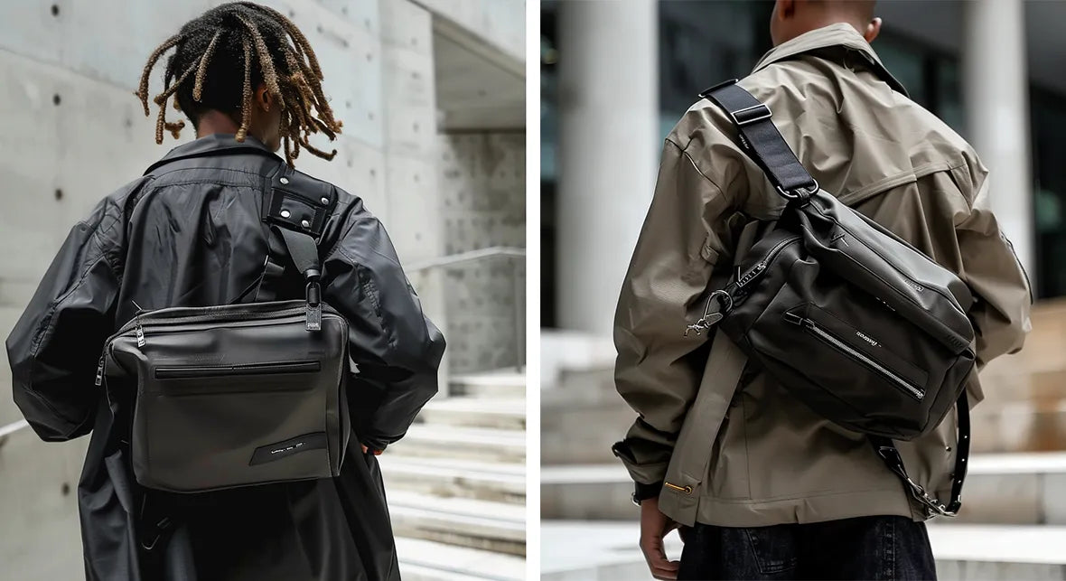 Two models are pictured with messenger bags in contrasting outfits. The left model’s bag has a more angular and structured design, making it ideal for a techwear look. The right model’s messenger bag, paired with a clean grey jacket, is more compact and suitable for casual urban wear.