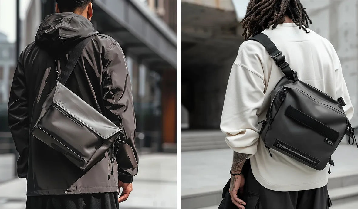 The image features two individuals in urban settings, both showcasing modern messenger bags. The left model wears a structured black bag with distinct techwear elements, while the right model's messenger bag has a larger volume and more pockets, making it a versatile choice for urban commuting.