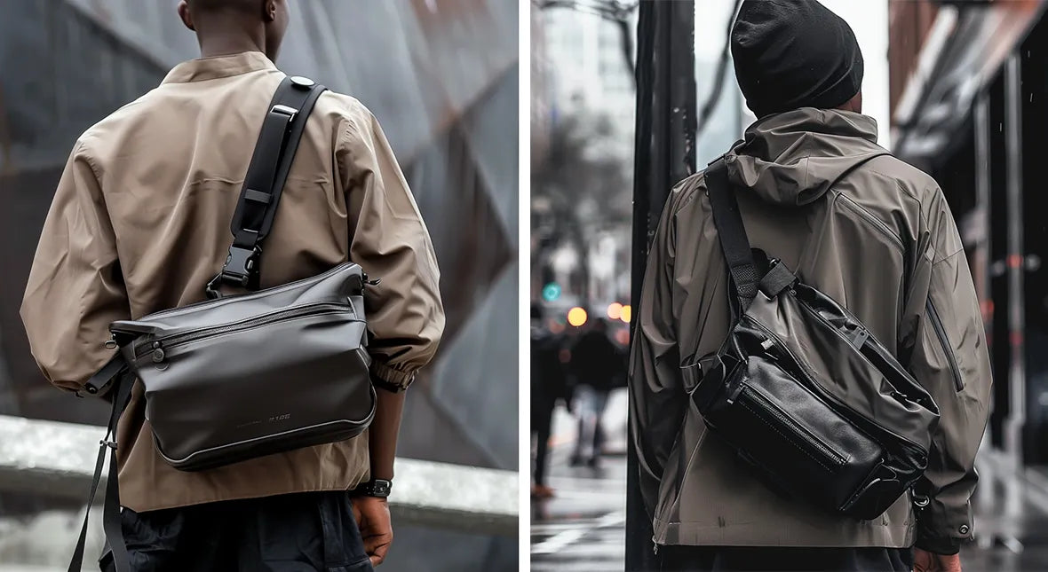 2 men wearing messenger bags