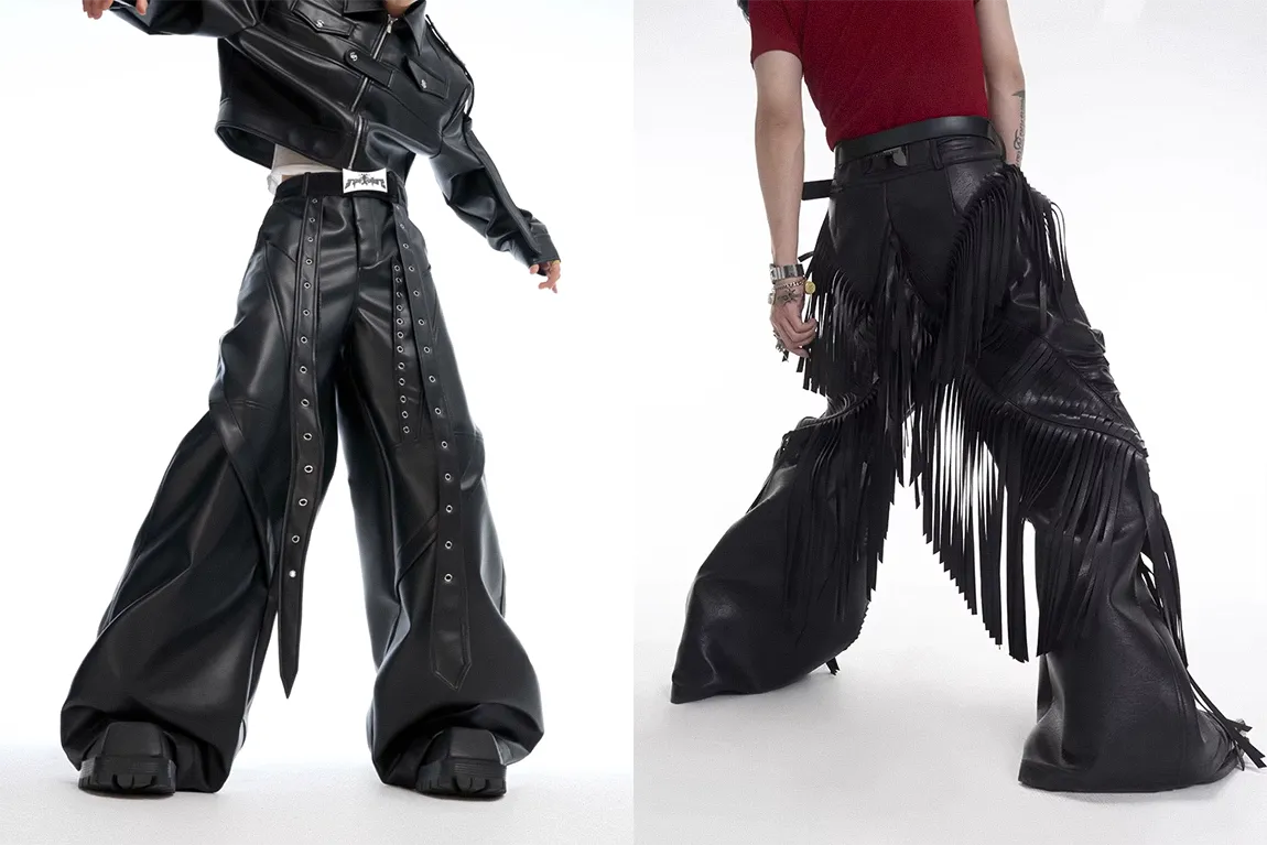 Two edgy styles of leather opium pants, one featuring a wide leg with multiple eyelet straps and the other with dramatic fringe details.