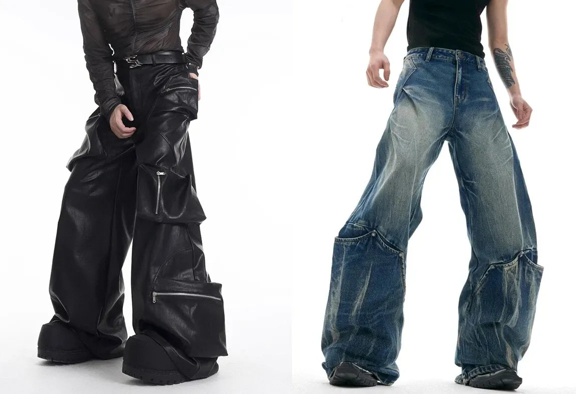 A model in voluminous black leather cargo opium pants with oversized pockets, alongside a model in a wide-leg distressed denim pair.