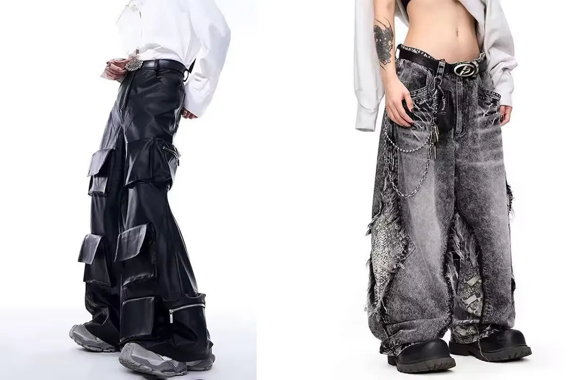 A man wears black leather cargo opium pants with exposed zippers and pockets, next to a woman in heavily distressed, faded denim opium pants.