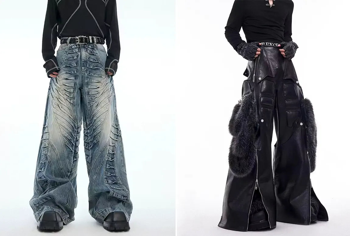 Two unique designs of opium pants are shown, one a heavily distressed denim and the other a black leather pair with large faux fur pockets.