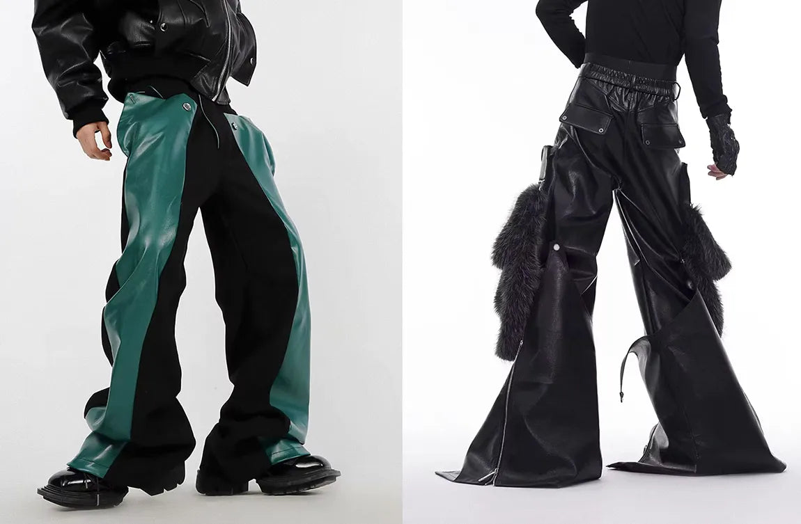Two distinct pairs of opium pants are featured, one with striking green and black color blocking and the other a black leather pair with faux fur accents.