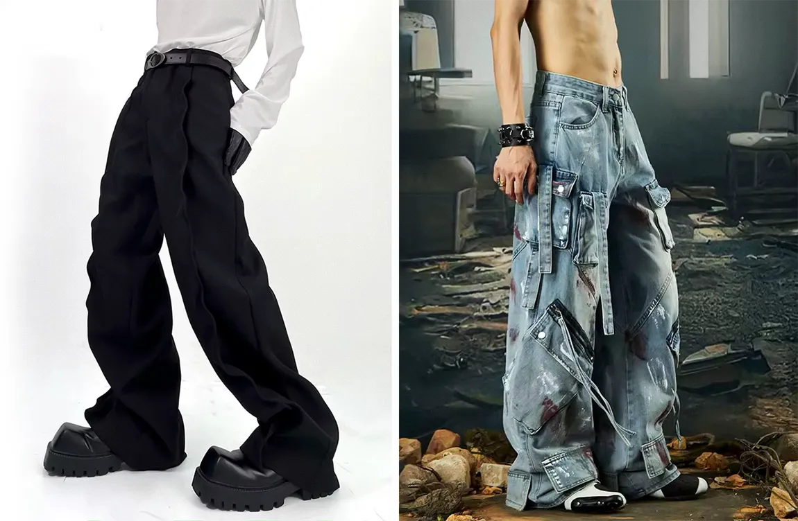 Contrasting looks of opium pants are displayed, with a sleek, minimalist black pair and a rugged, paint-splattered denim cargo style.