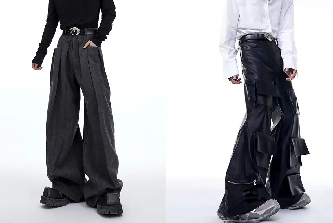 A look at two different styles of opium pants, a formal pleated grey wool pair and a black leather pair with multiple flap pockets.