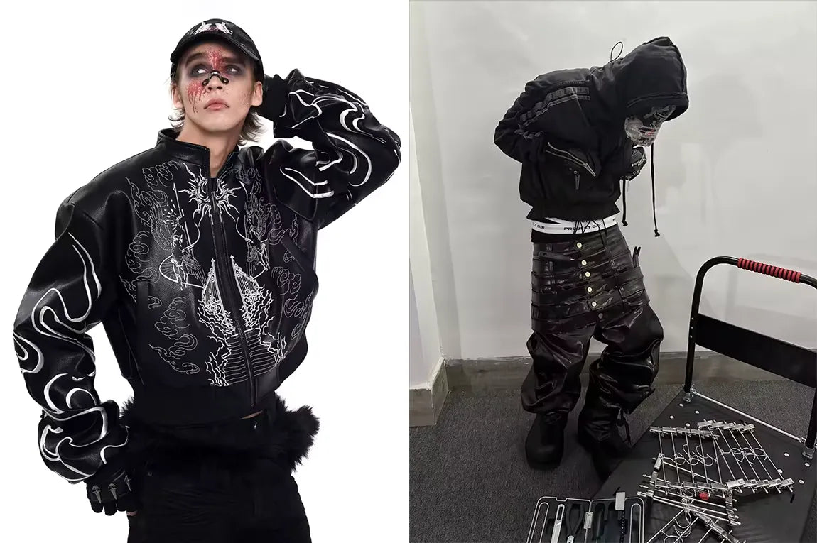 An edgy look from the opium clothing collection, featuring a cropped jacket with a graphic design and a separate image of a figure in a black hooded outfit with a mask.