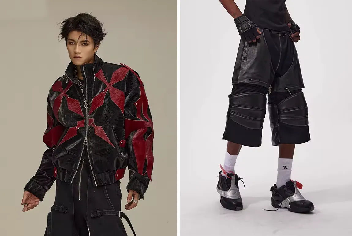 Two models in distinct opium clothing styles, with one wearing a black and red leather jacket with bold cross detailing and the other in knee-length leather shorts.