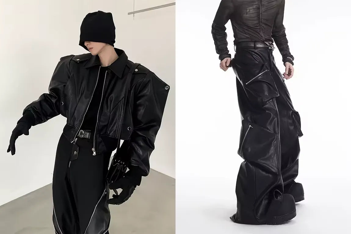 Two striking black outfits exemplifying opium clothing, with one featuring a cropped leather jacket and beanie, and the other a full-length look with zippered cargo pants.