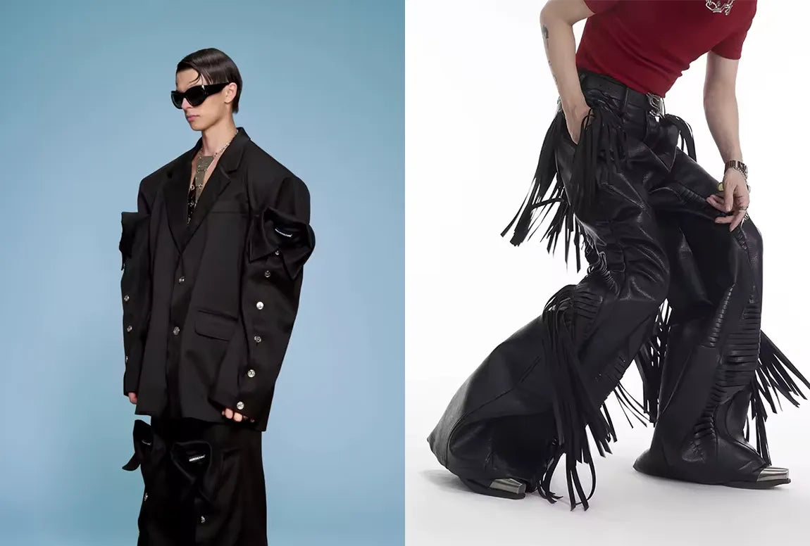 A model in an exaggerated shoulder blazer from the opium clothing aesthetic, next to a close-up of a person wearing black leather pants with heavy fringe details.