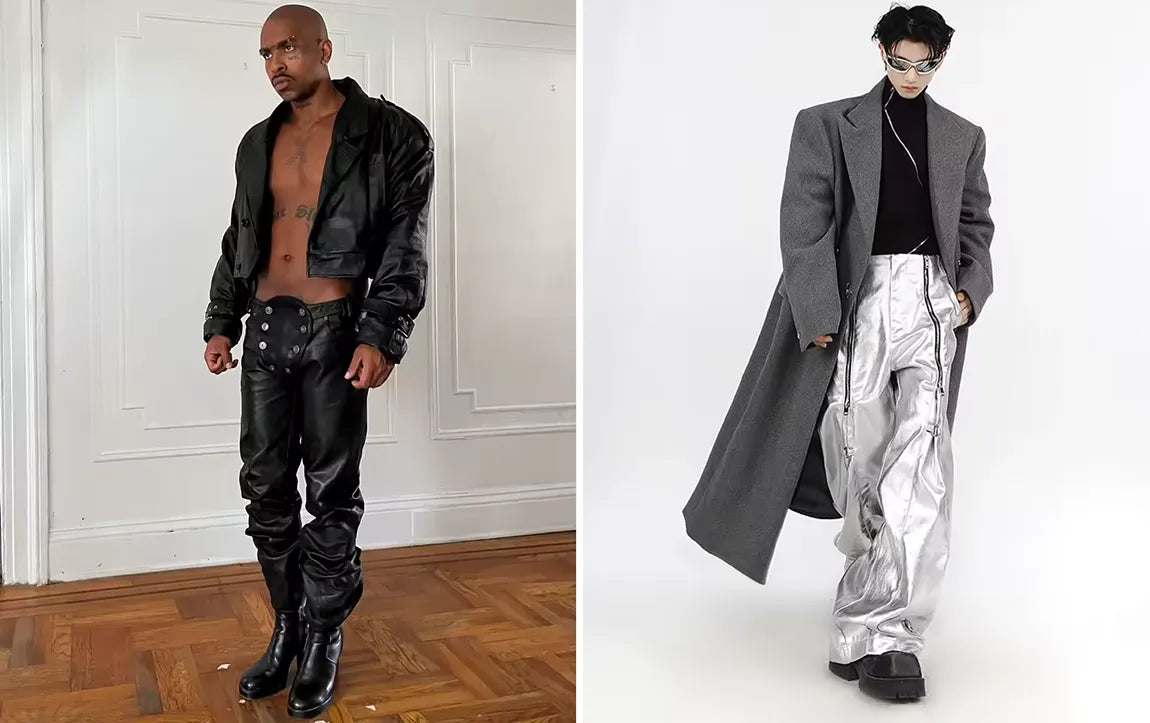 A pair of contrasting opium clothing outfits, featuring a model in a black cropped leather jacket and ruched pants, and another in a long grey coat with futuristic metallic pants.