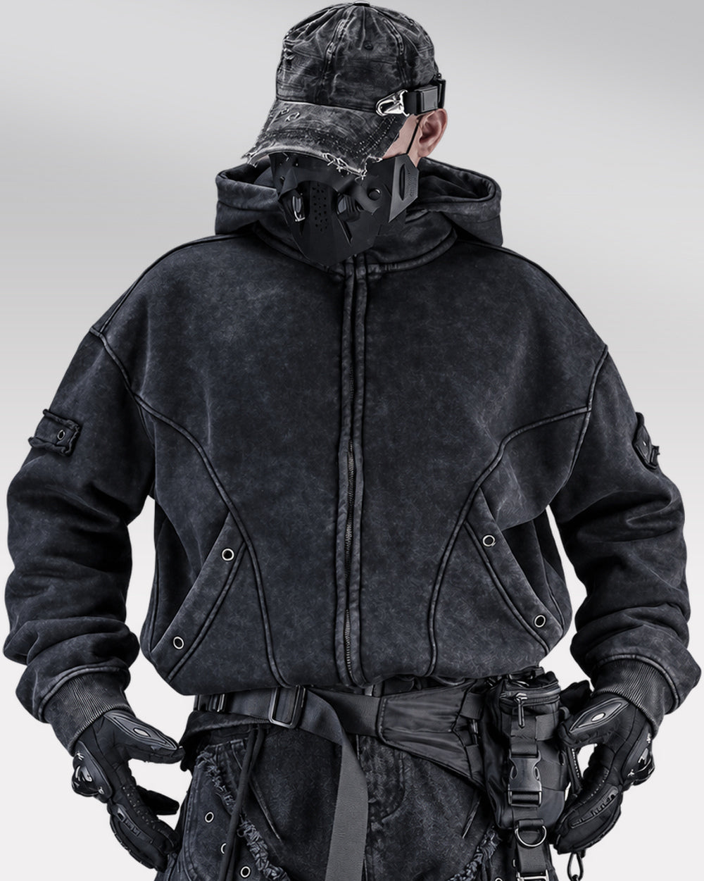 Oversized zip up hoodie "Atomi", Black, front zipped model hero