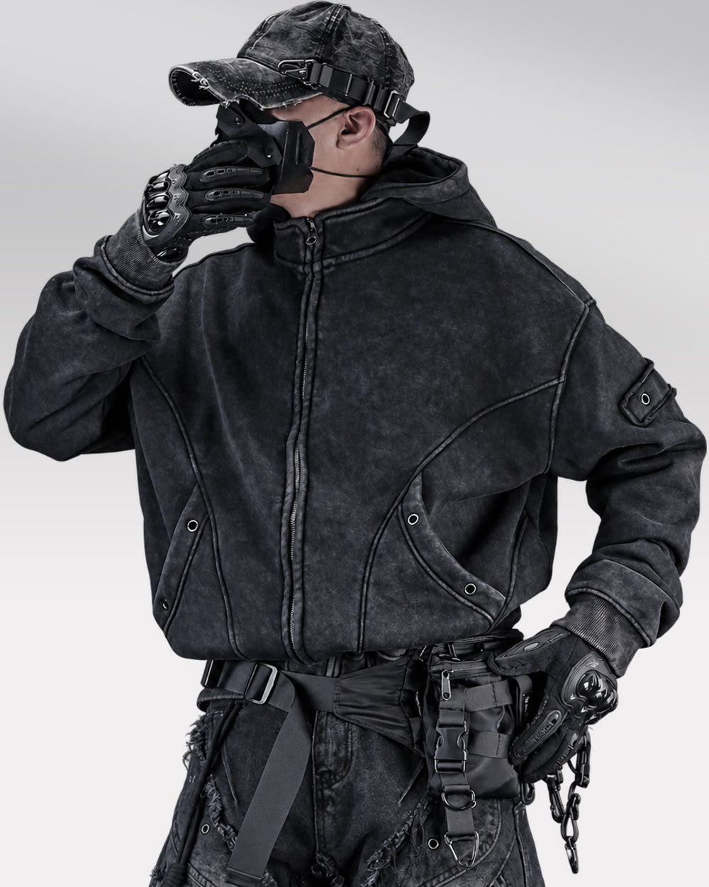 Oversized zip up hoodie "Atomi", Black, side worn view with hand raised