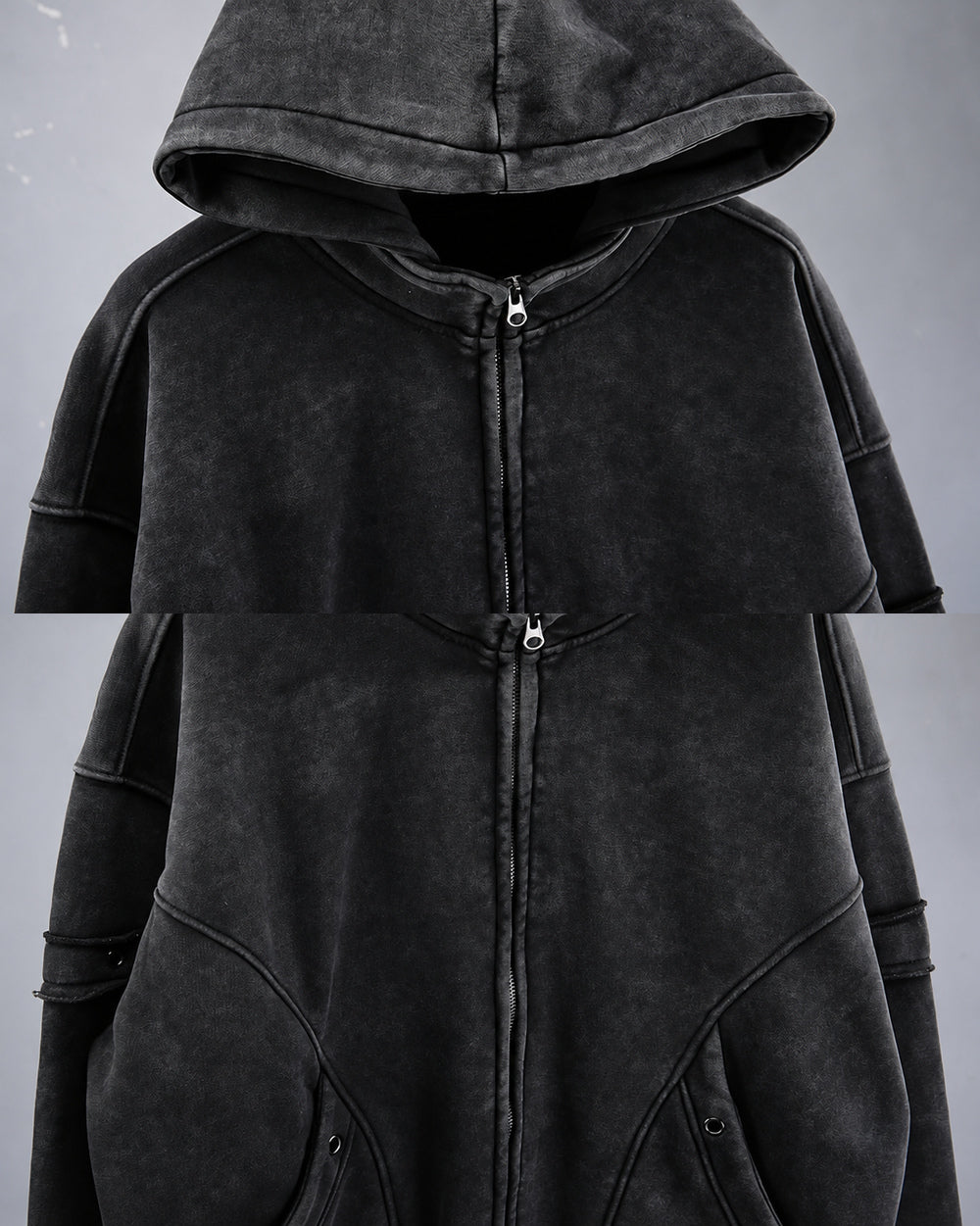 Oversized zip up hoodie "Atomi", Black, hood and central zipper details