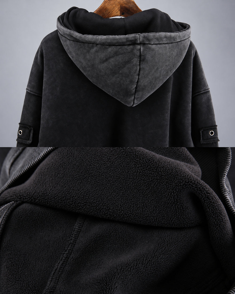 Oversized zip up hoodie "Atomi", Black, rear hood and fleece interior details