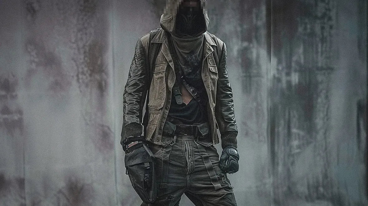 Male figure in Dystopian Clothes, posing in a post-apocalyptic  landscape.