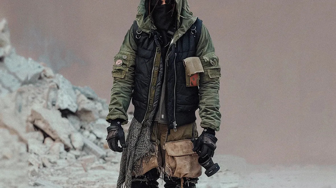 Modern survivalist in post apocalyptic clothing, with armored details and tactical accessories.