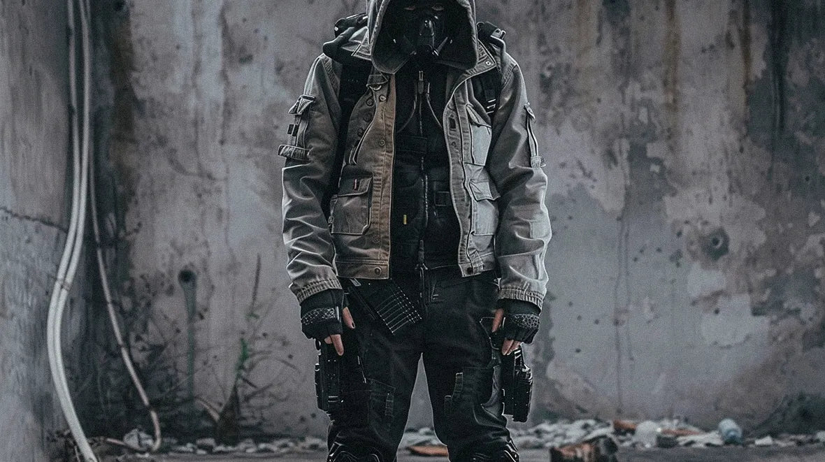 man in post apocalyptic clothing designed for a world in ruins.