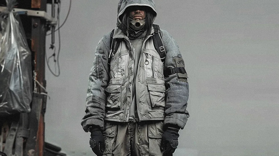 Hooded figure in post apocalyptic clothing, ready for the harsh environment.