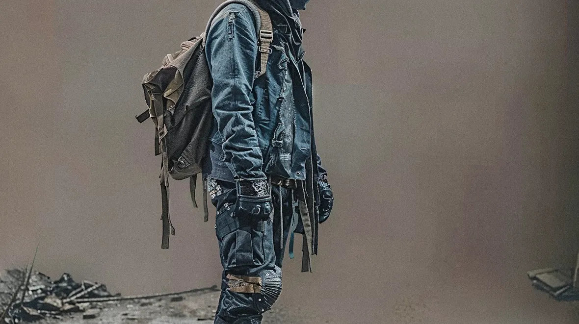 Stylish post apocalyptic clothing modeled in a derelict, industrial environment.