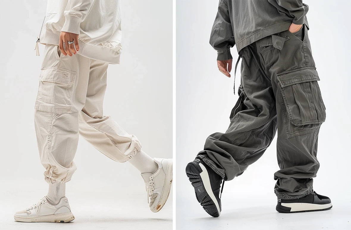 a white cargo pants streetwear and a grey streetwear pants men's