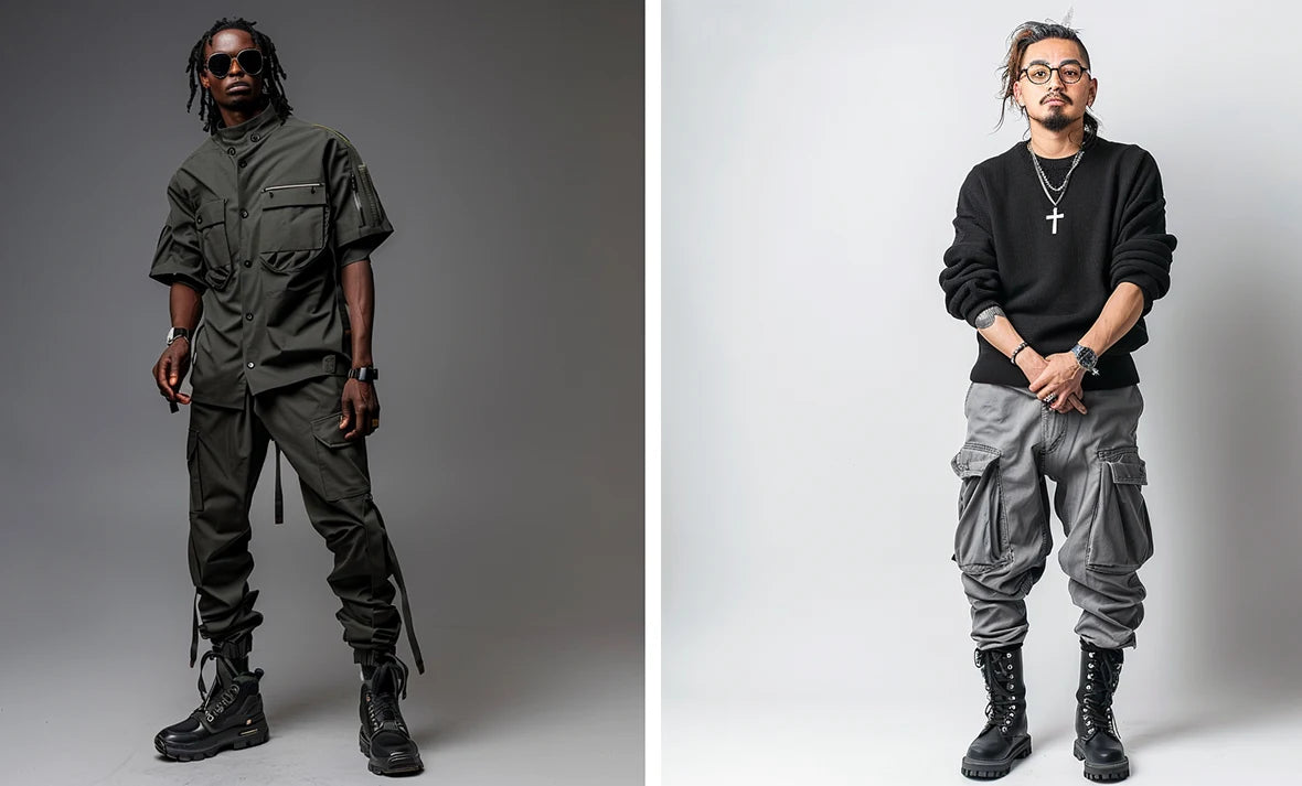 2 men in urban outfits with streetwear pants