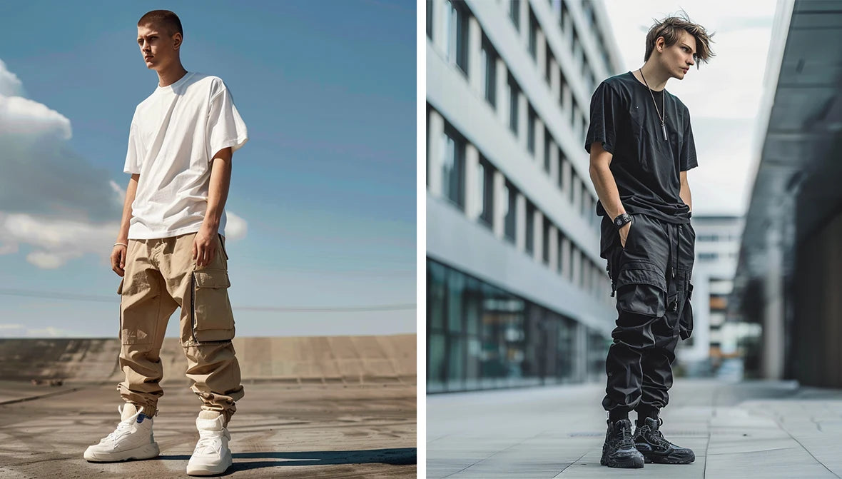 2 men outside wearing streetwear pants