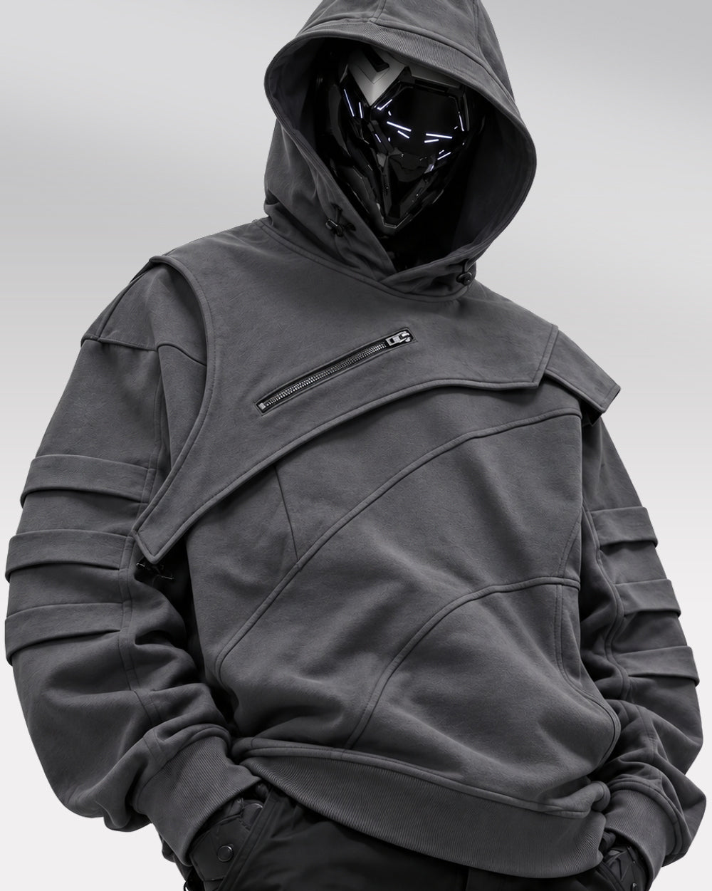 Tactical hoodie for men "Azuno", Gray, worn hero with diagonal chest zipper and complete ribbed hem