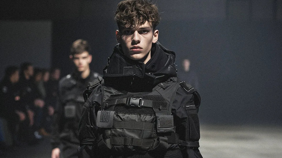 during a runway, a man is wearing a techwear outfit and a tactical vest