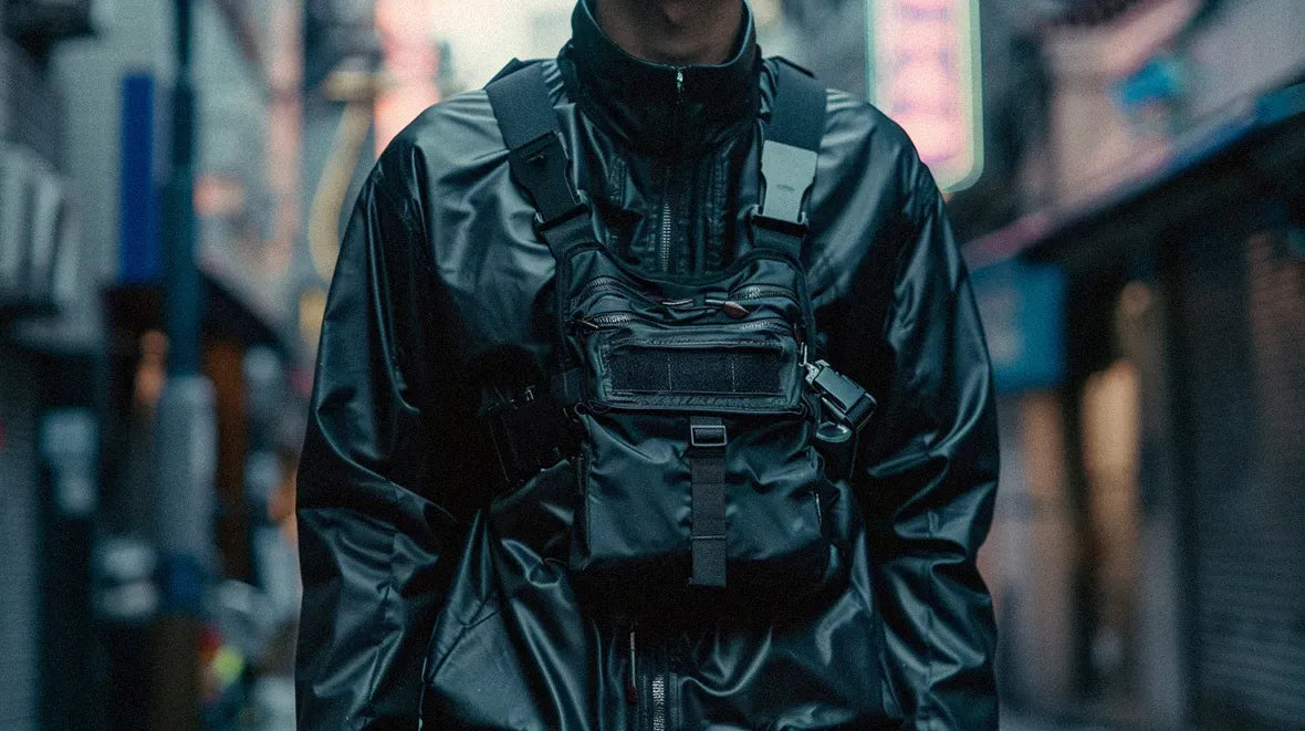 man in techwear outfit wearing a chest bag