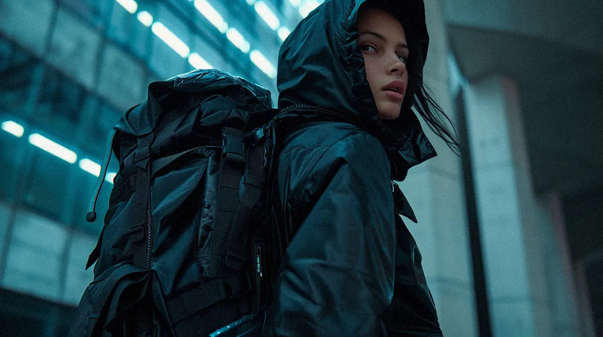 woman wearing a techwear backpack