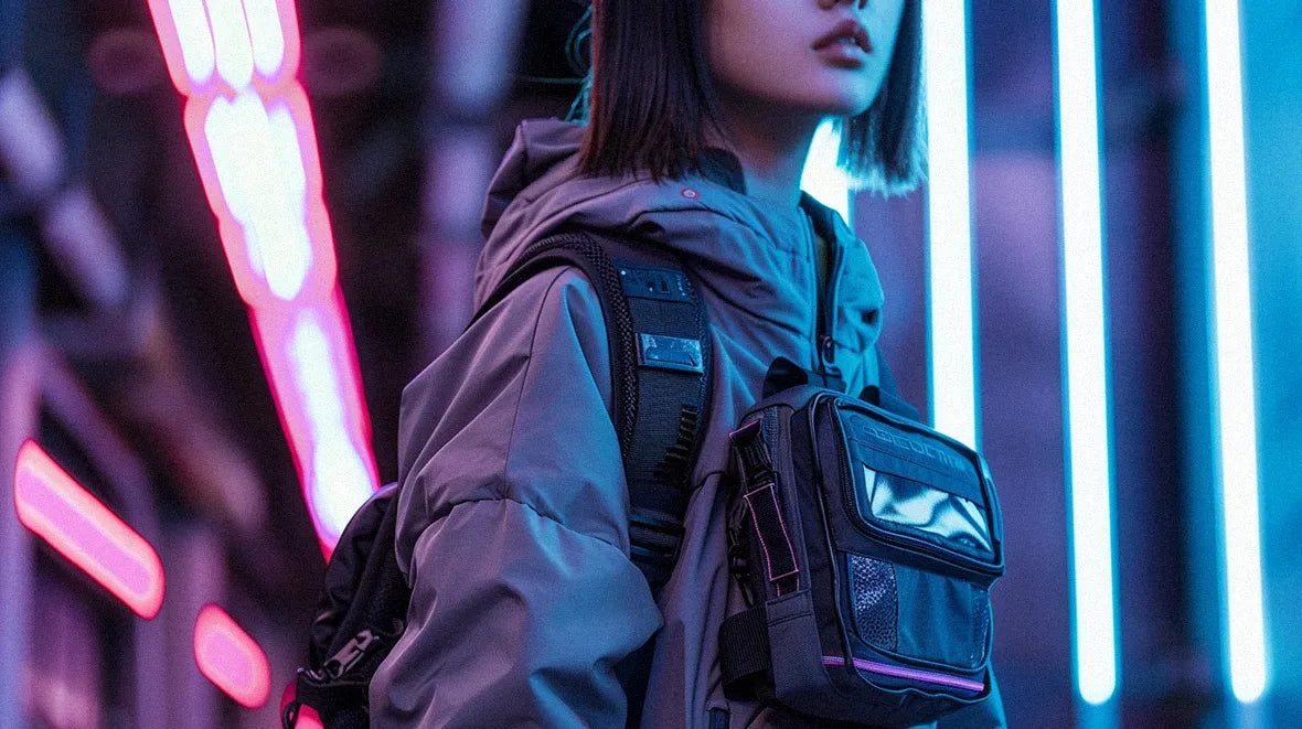 woman in techwear outfit wearing a techwear bag