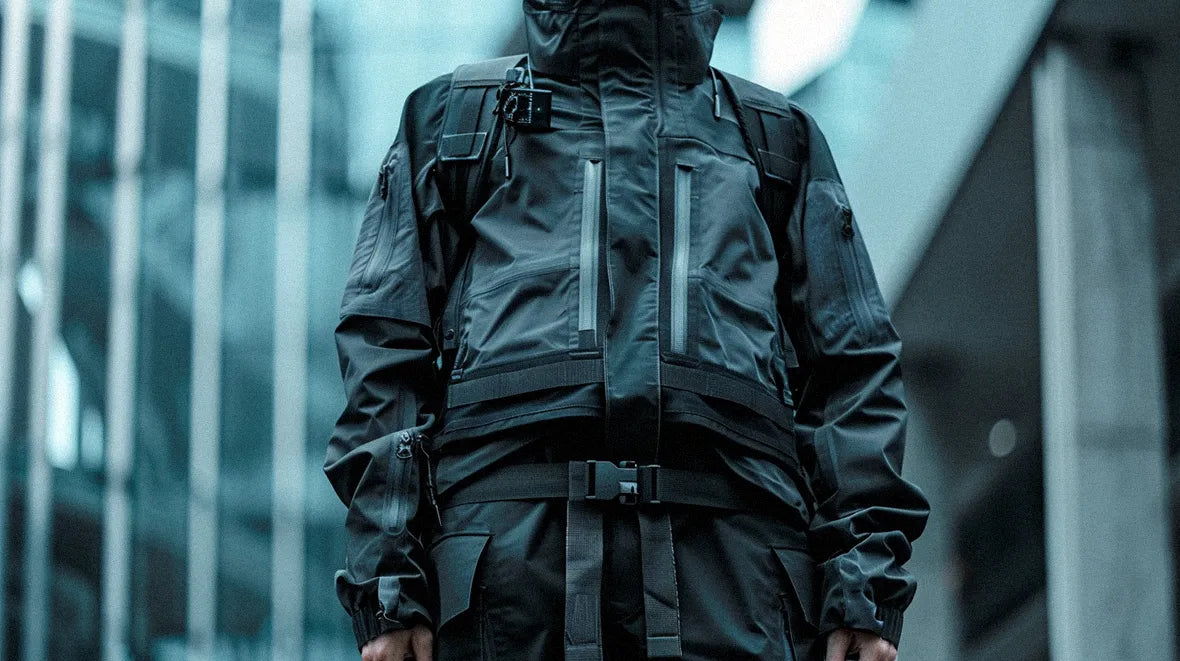 a man in techwear jacket wearing a techwear belt