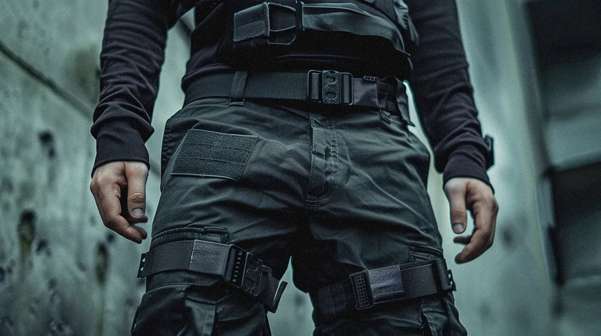 man wearing a black techwear belt and black pants