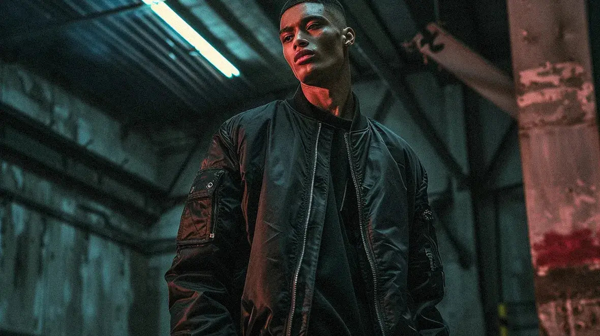 The subject, wearing a black bomber jacket, exudes confidence amidst the busy subway environment.