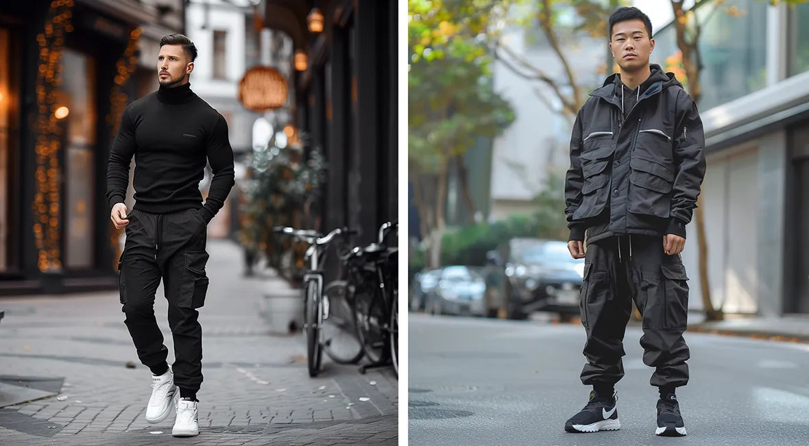 two men wearing techwear cargo pants