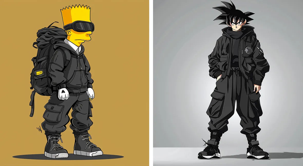 Bart Simpson and Sagoku in techwear outfits