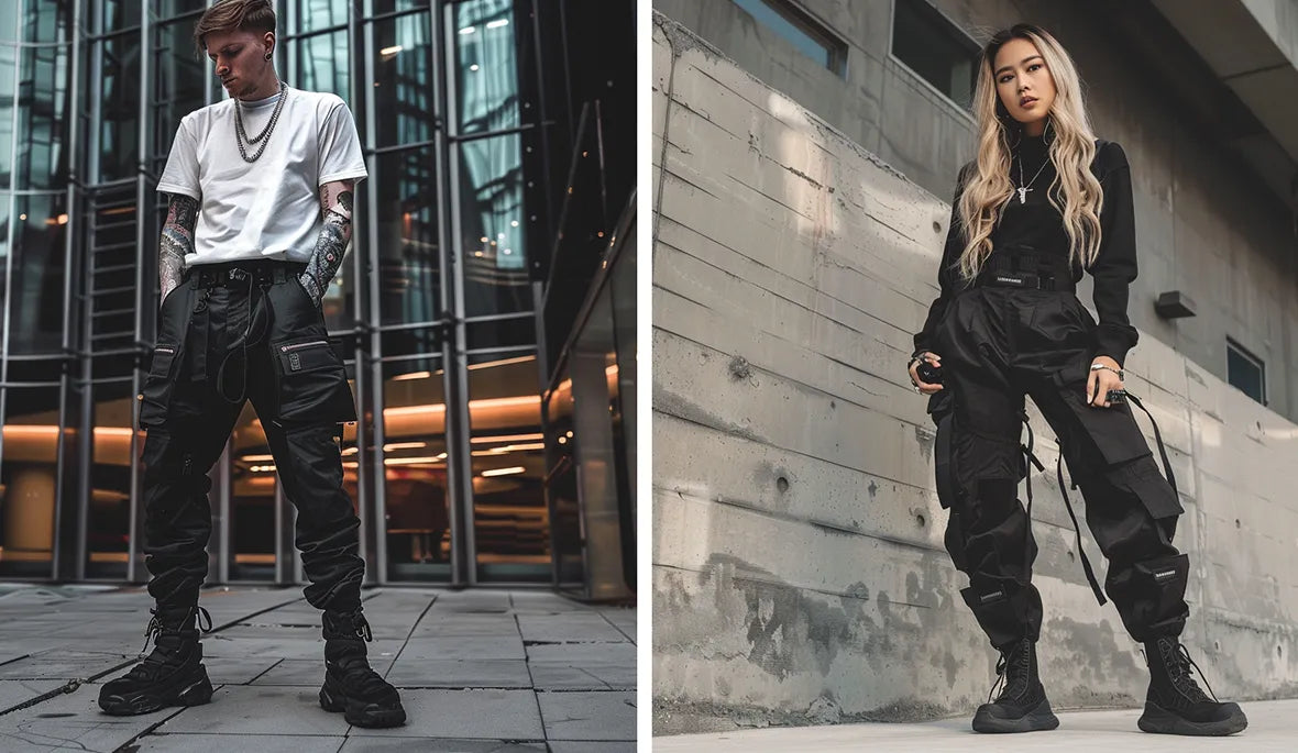 a man and a girl in techwear pants and clothes