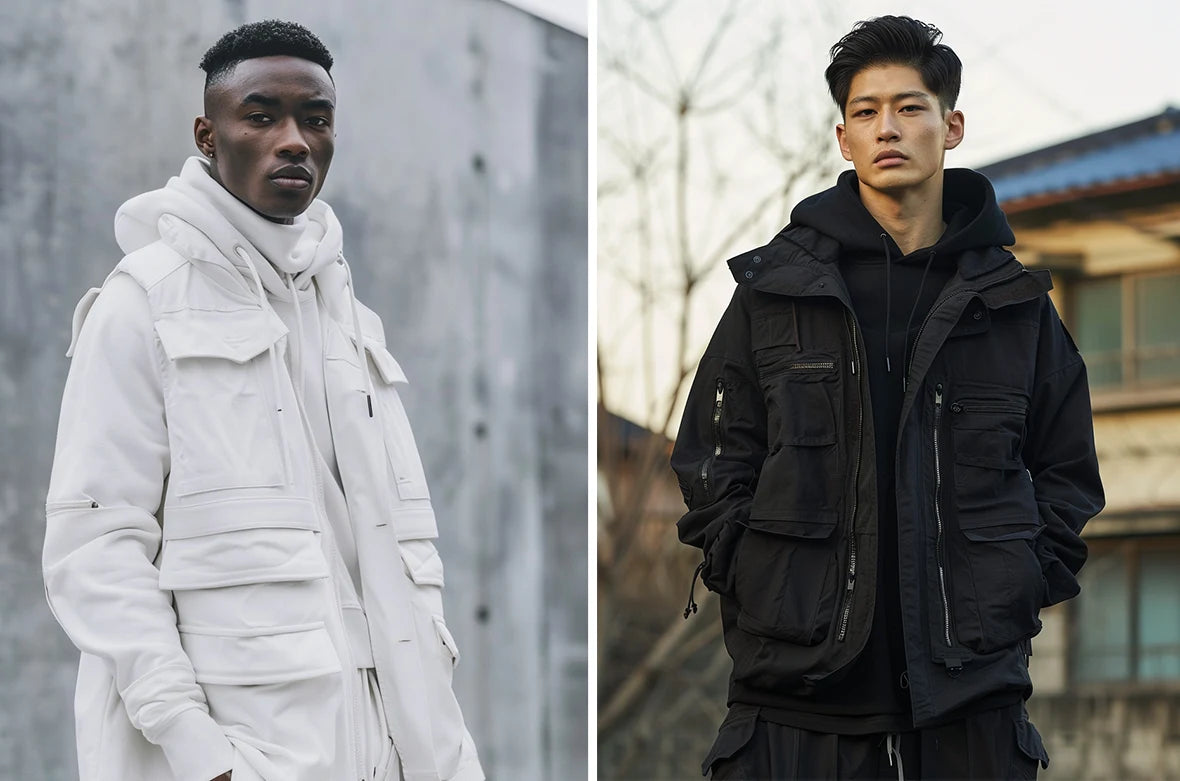 a black man and an asian man wearing techwear coat