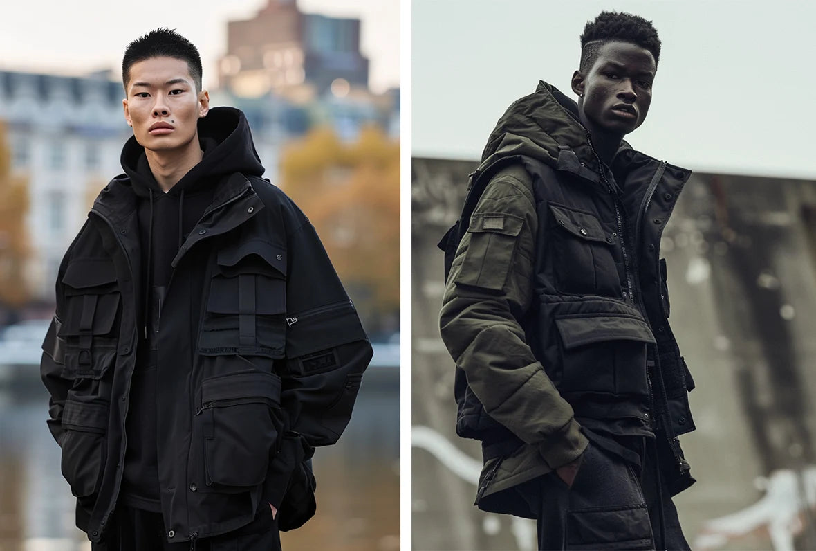 asian man and black man wearing techwear coat