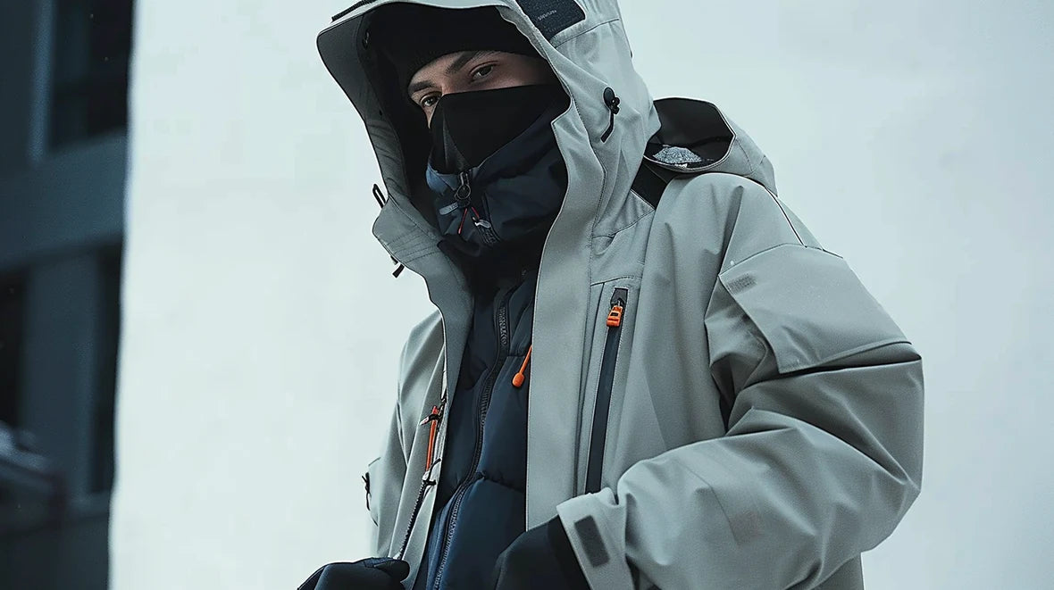 man wearing a grey techwear coat