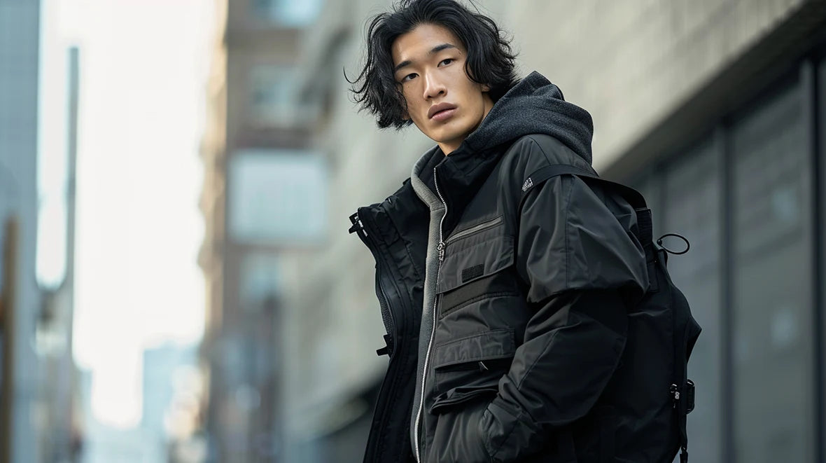 Asian man wearing a black techwear coat