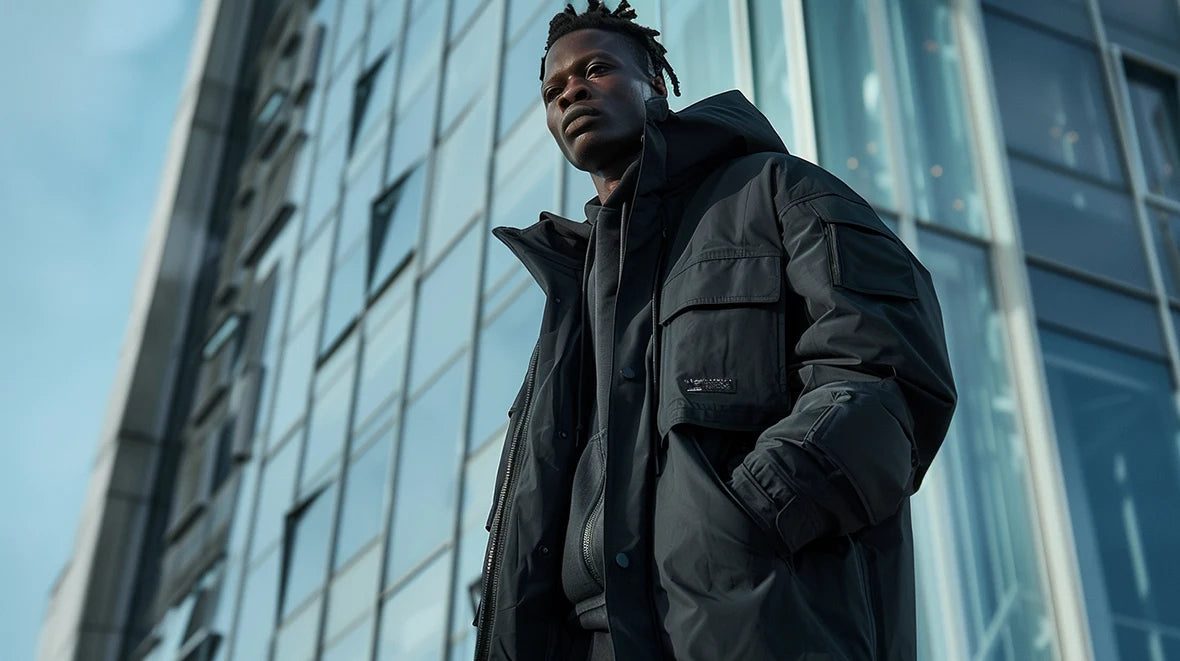 a black man wearing a techwear coat