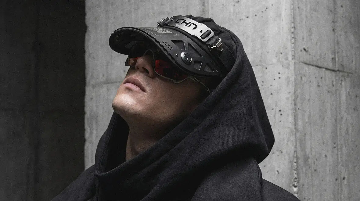 Ninja techwear hat completing a full monochrome fit