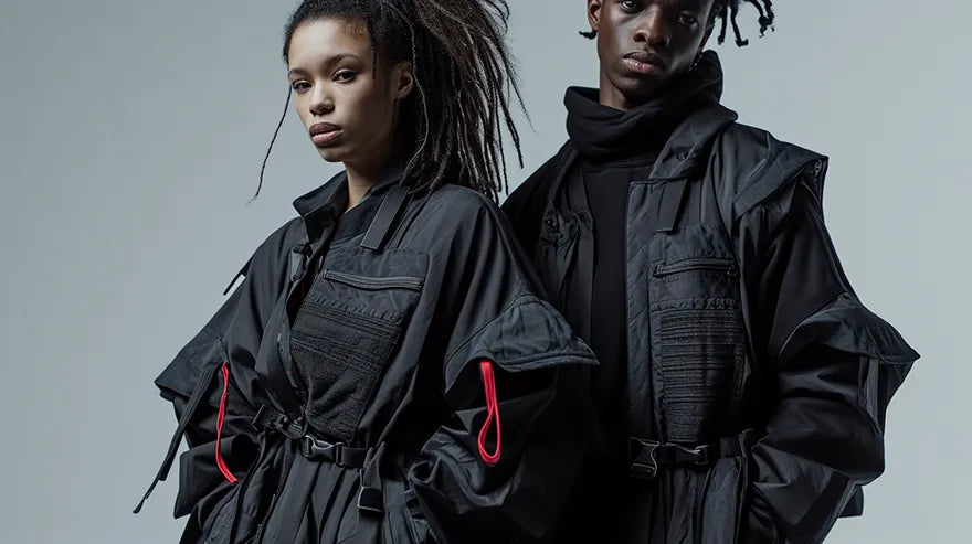 a black man and woman wearing a techwear kimono