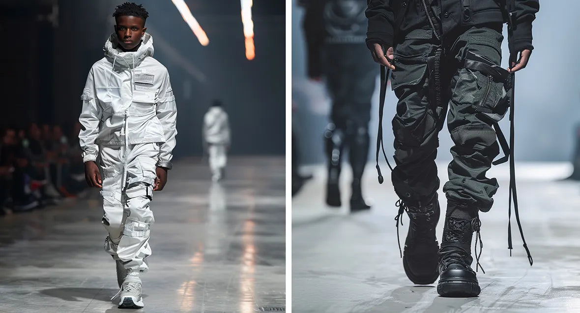 a black man wearing a white techwear outfit and a techwear pants