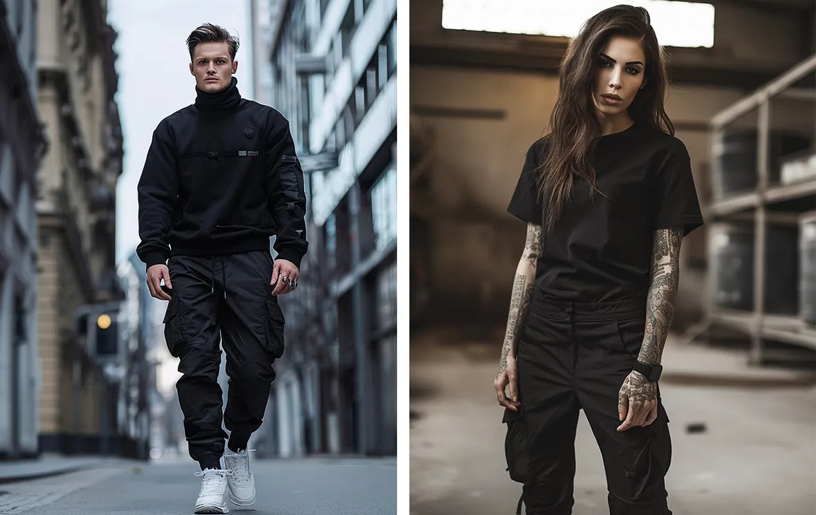 a man and a woman wearing techwear outfits