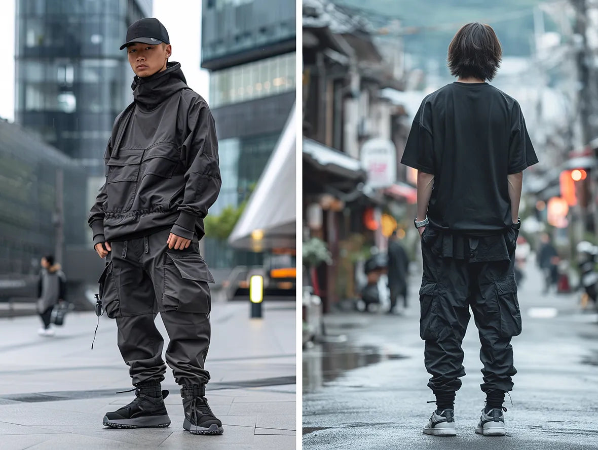 two men wearing techwear pants