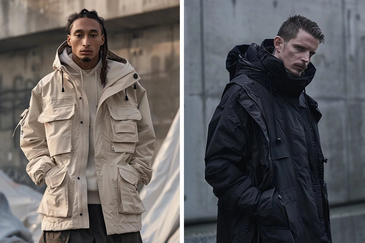 Two models in contrasting techwear parkas, one in a beige parka and the other in a dark grey parka, highlighting the versatility and modern design of techwear outerwear